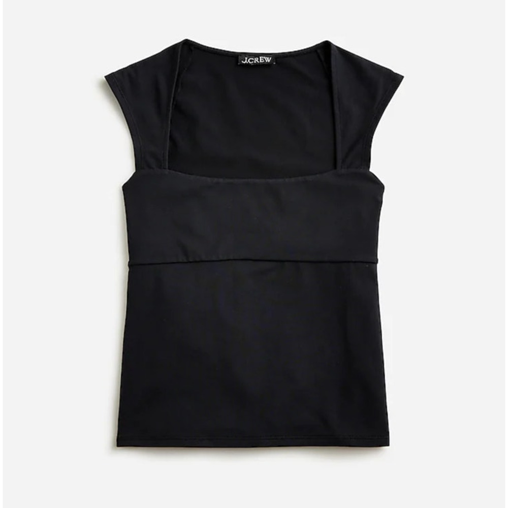 J.Crew Top WMNS L Black Solid Square Neck Cap Sleeve Cotton Blend Minimalist